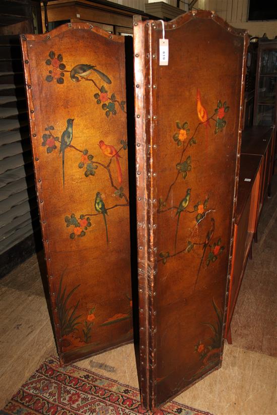 An early 20th century three fold leather dressing screen, H.5ft 1in.